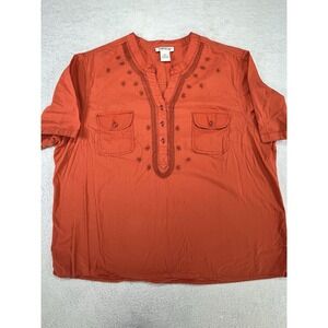 Orvis Embroidered Tunic Blouse Womens XL Orange Cotton Boho Safari Top Pockets